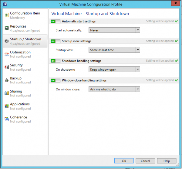 Startup and shutdown settings of VM